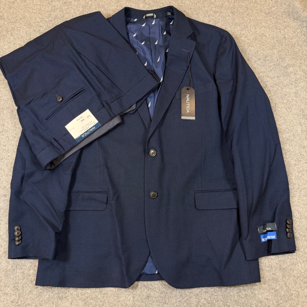 Nautica Mens 2-Piece Suit Blue Birdseye Active Stretch 42R W36 NA000278 GAFF